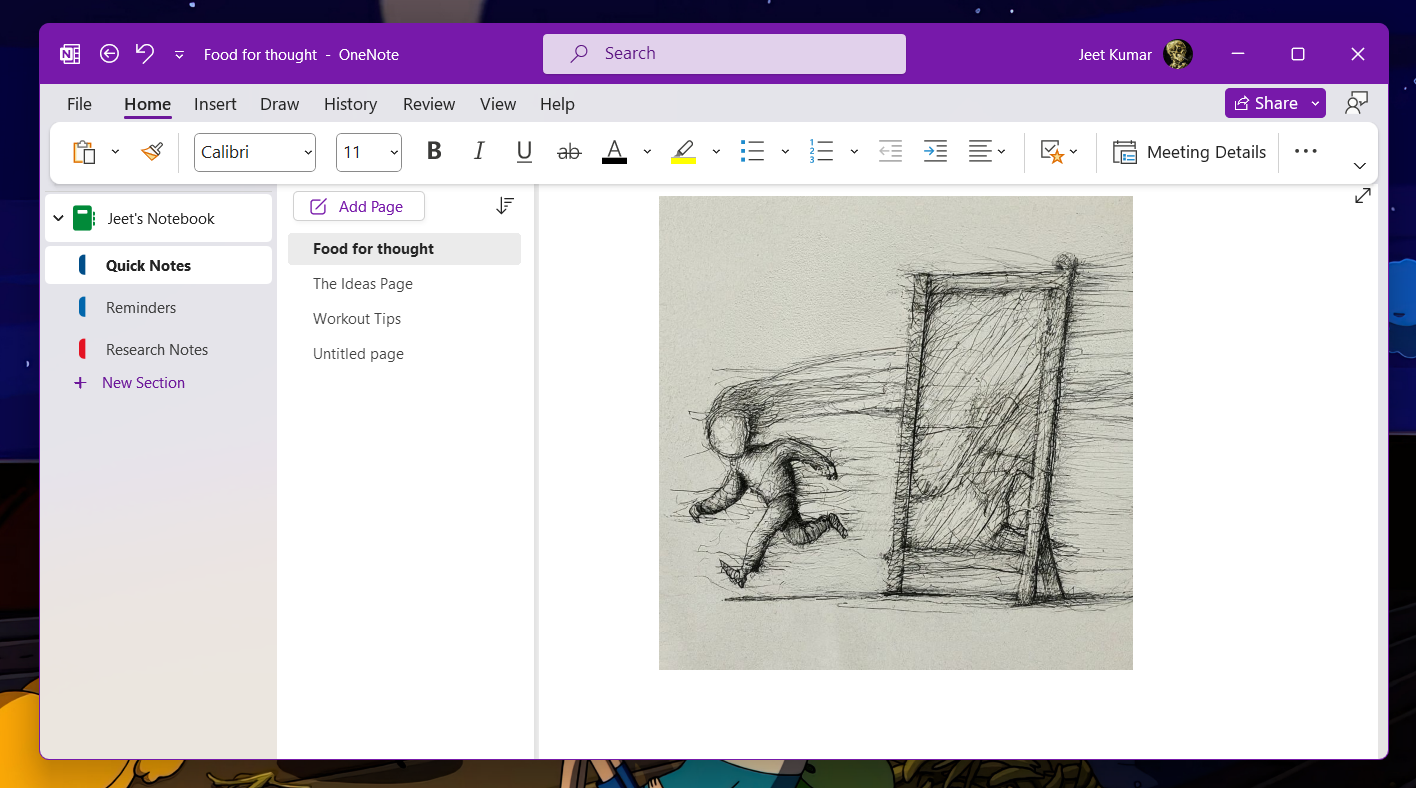 A display of Microsoft OneNote's interface, featuring a user's sketched image in the Quick Notes section of the app.