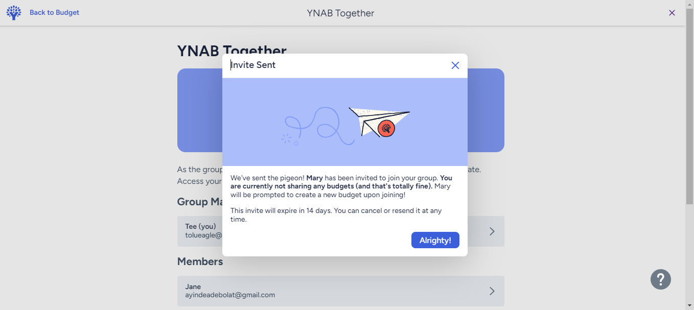 YNAB Together screen showing an invite sent.