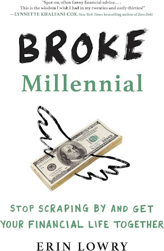 The cover for the book Broke Millennial features a bundle of dollar bills with wings, symbolizing financial freedom.