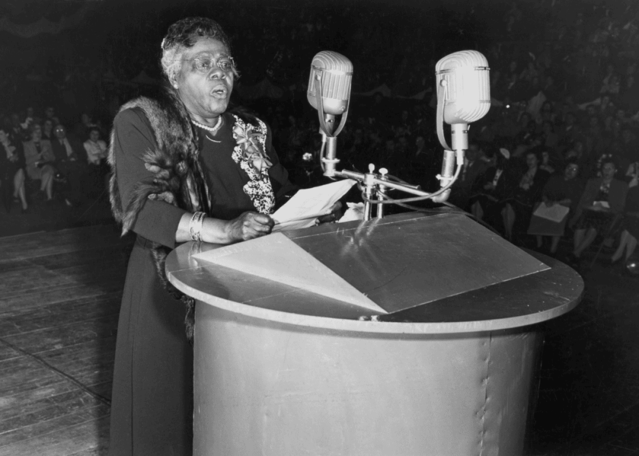 Mary McLeod Bethune speaks to a crowd at Madison Square Garden, circa 1945.