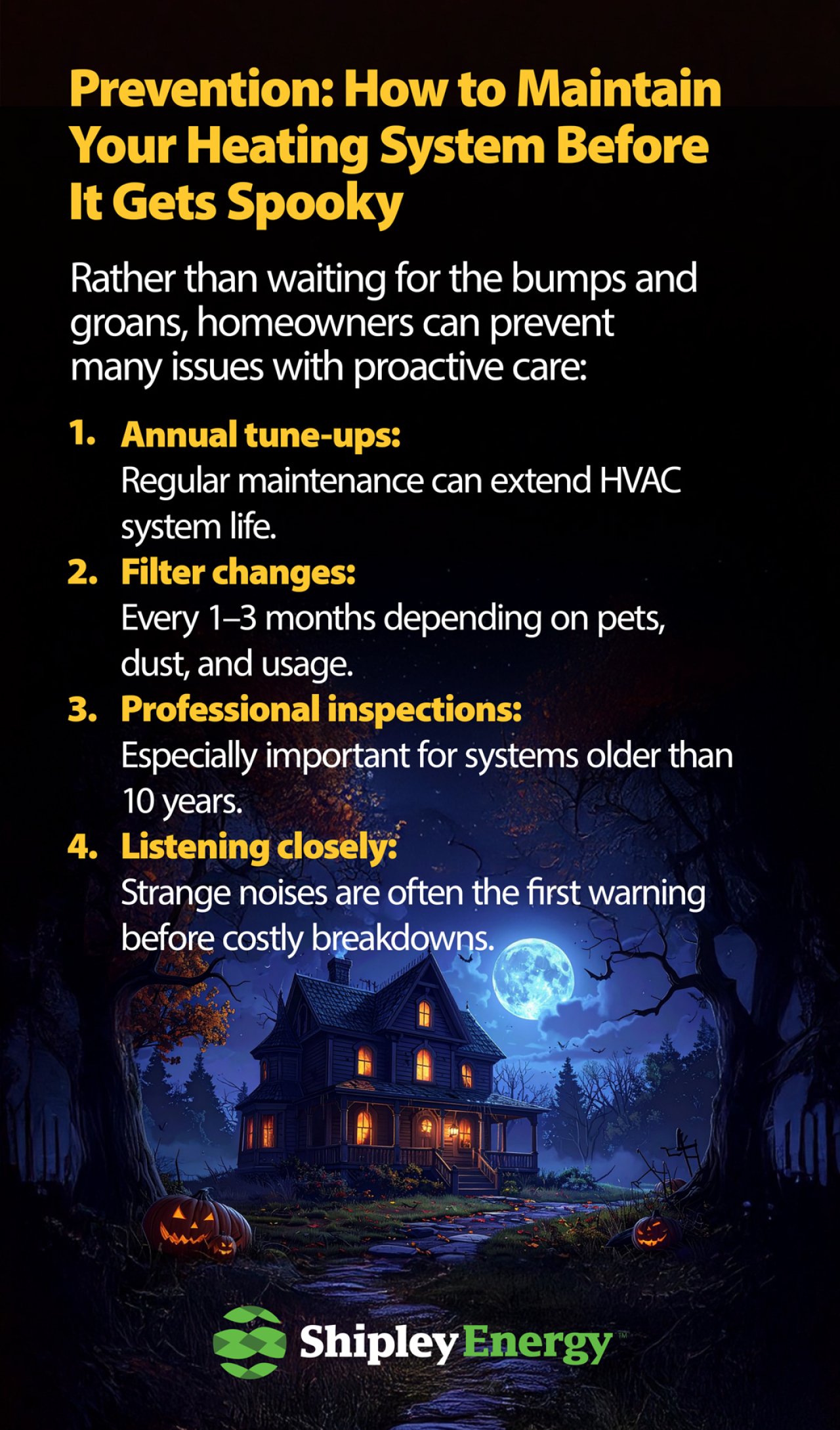 Stylized infographic with tips on how to maintain heating system to prevent problems.