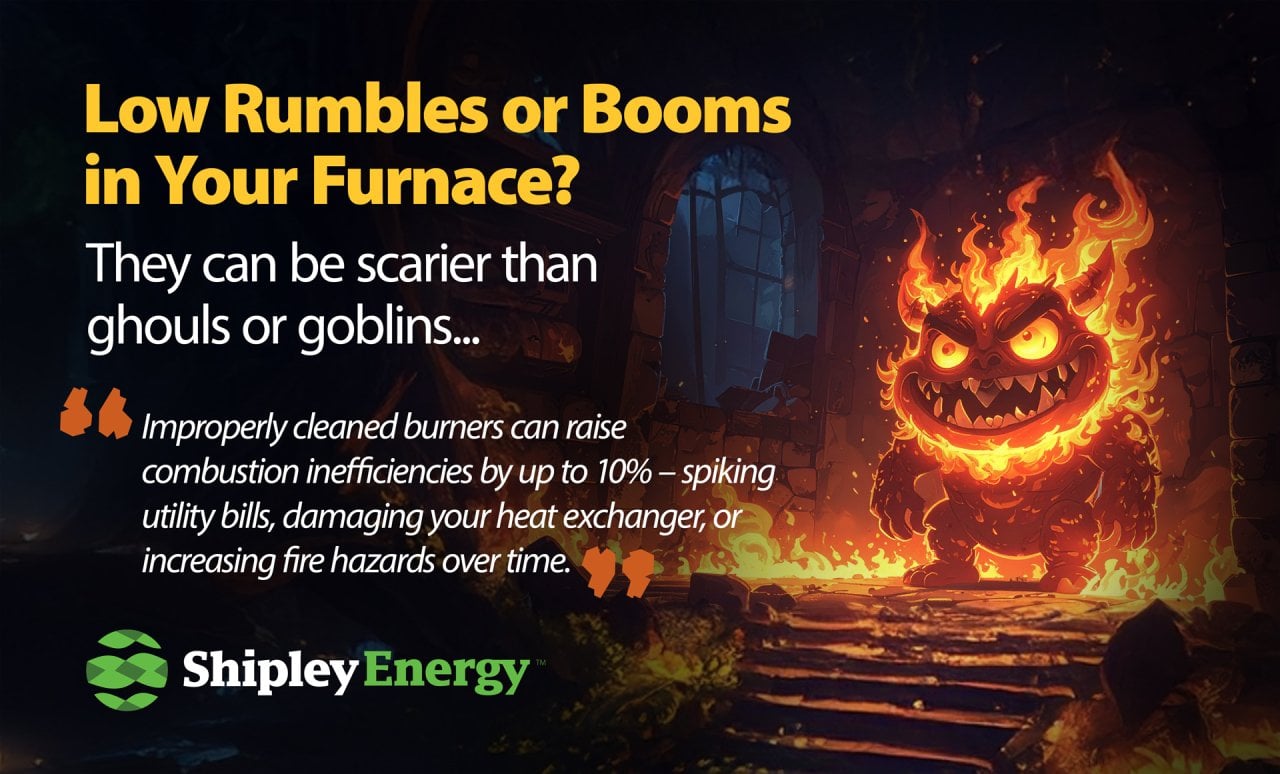 Stylized infographic with furnace looking like a monster educating audience on what sounds could mean.