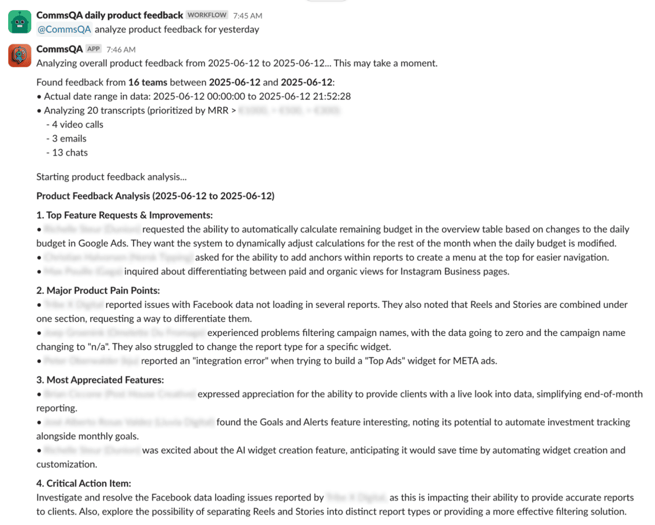 A sample conversation with CommsQA in Slack asking for product feedback analysis.