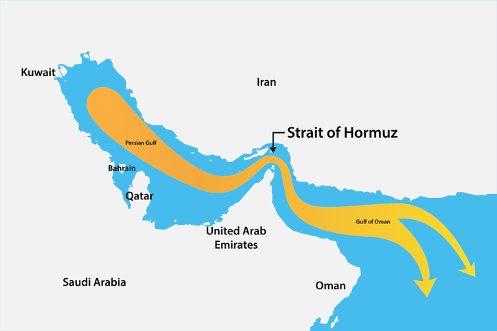Strait of Hormuz map shipping routes across Persian Gulf. Geopolitical energy logistics, oil export pathway, trade risk concept, Strategic Location Chokepoint, Oil Global Economic Impact