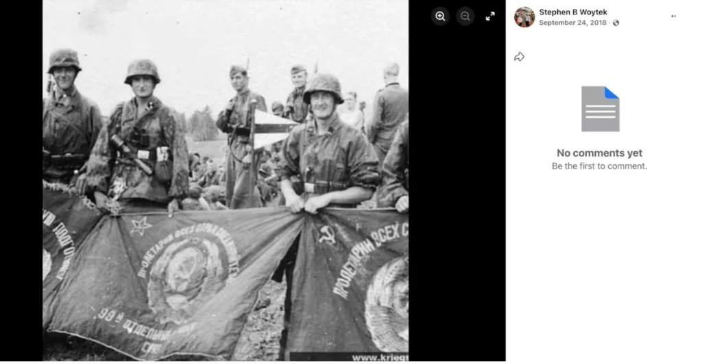 A group of soldiers in military uniforms holding a Soviet flag with the hammer and sickle symbol.