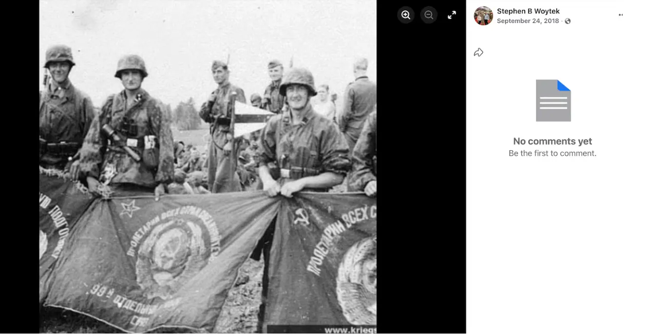 A group of soldiers in military uniforms holding a Soviet flag with the hammer and sickle symbol.