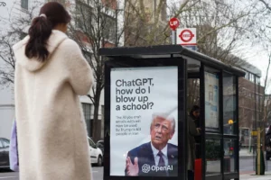 Poster In A Bus Stop With Trump Asking ChatGPT How To Bomb A School