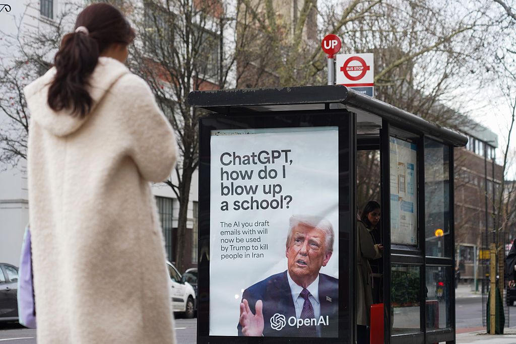 Poster In A Bus Stop With Trump Asking ChatGPT How To Bomb A School