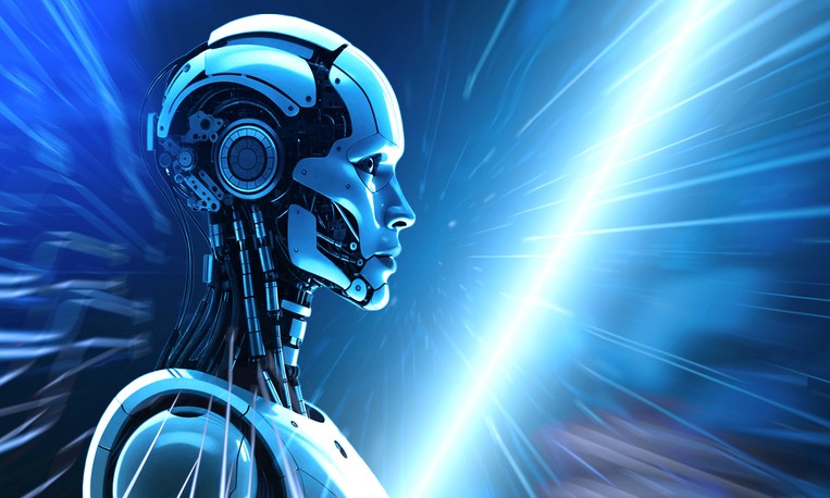 robot face head closeup futuristic technology digital robot face inside copy space blue element artificial intelligence innovation education study business learning model electronic science robot face
