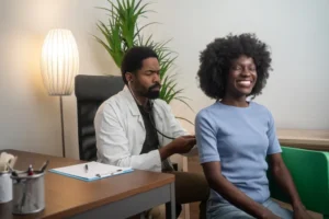 Black Male Doctor Examining Patient in Clinic