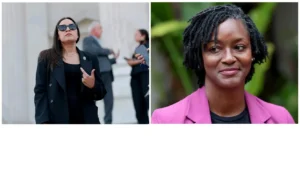 Two portraits: a woman in a black coat with sunglasses, and a woman with dreadlocks wearing a pink blazer.