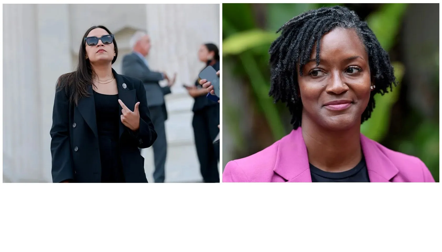 Two portraits: a woman in a black coat with sunglasses, and a woman with dreadlocks wearing a pink blazer.