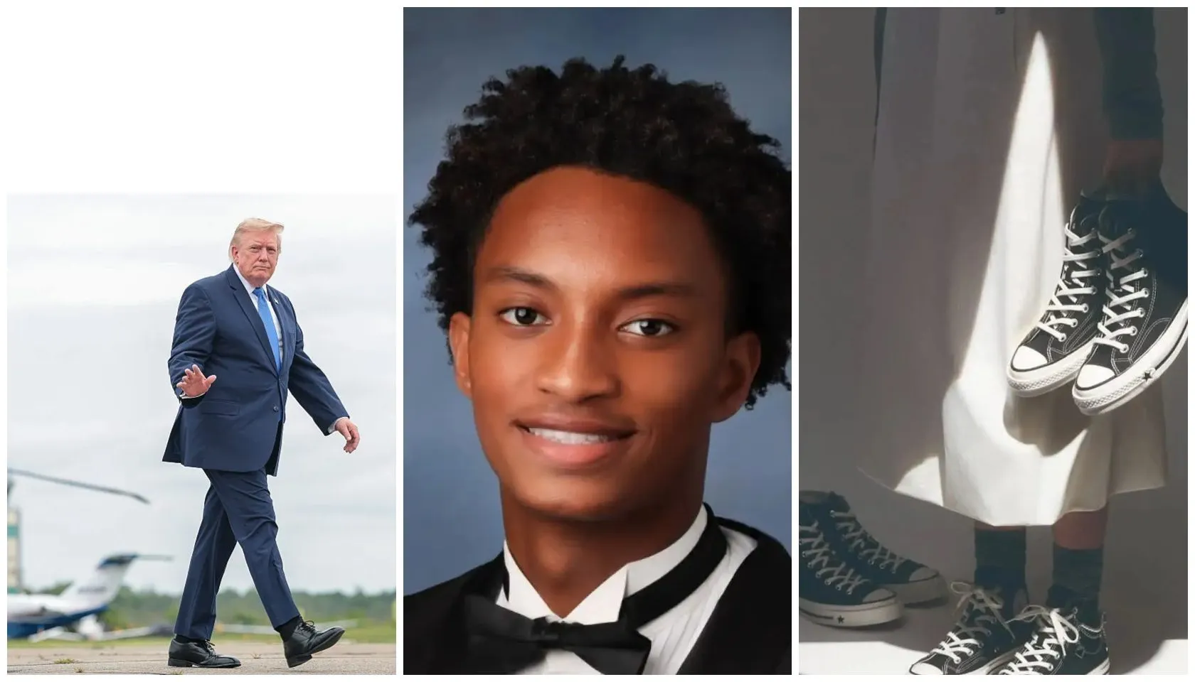 A collage of three images: a man in a suit walking, a smiling young man in a suit, and a pair of Converse sneakers.