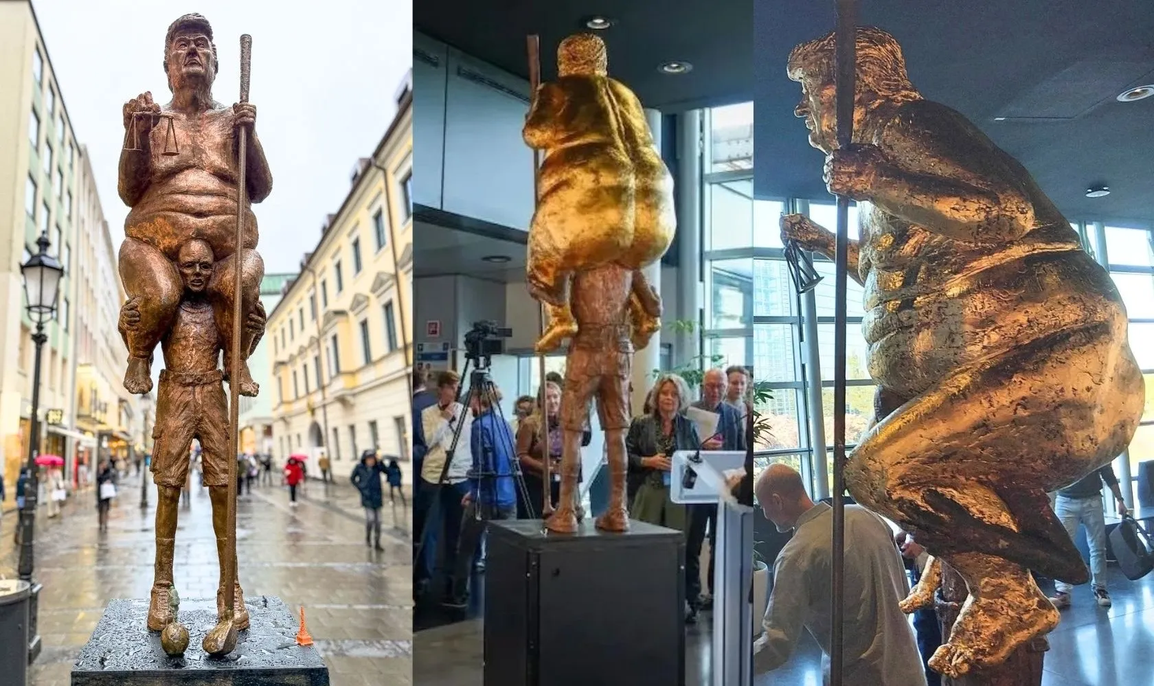 Three views of a gold nude statue of Donald Trump titled "The Orange Plague" or "King of Injustice," created by Danish artist Jens Galschiøt, displayed in public and indoor settings.