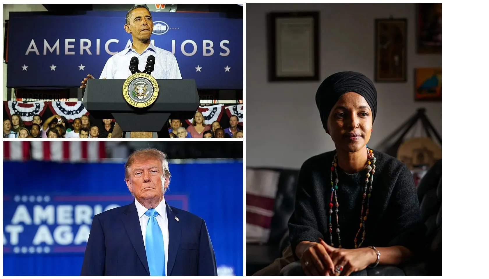 Collage showing three political figures: top left, a man at a presidential podium with "AMERICA JOBS" banner; bottom left, a man in dark suit with blue tie at a rally; right, a woman wearing a black headwrap and beaded necklace in an indoor setting.