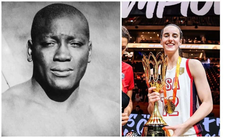 Side-by-side collage: left shows black and white portrait of man; right shows female athlete in USA basketball jersey holding gold championship trophy at arena.