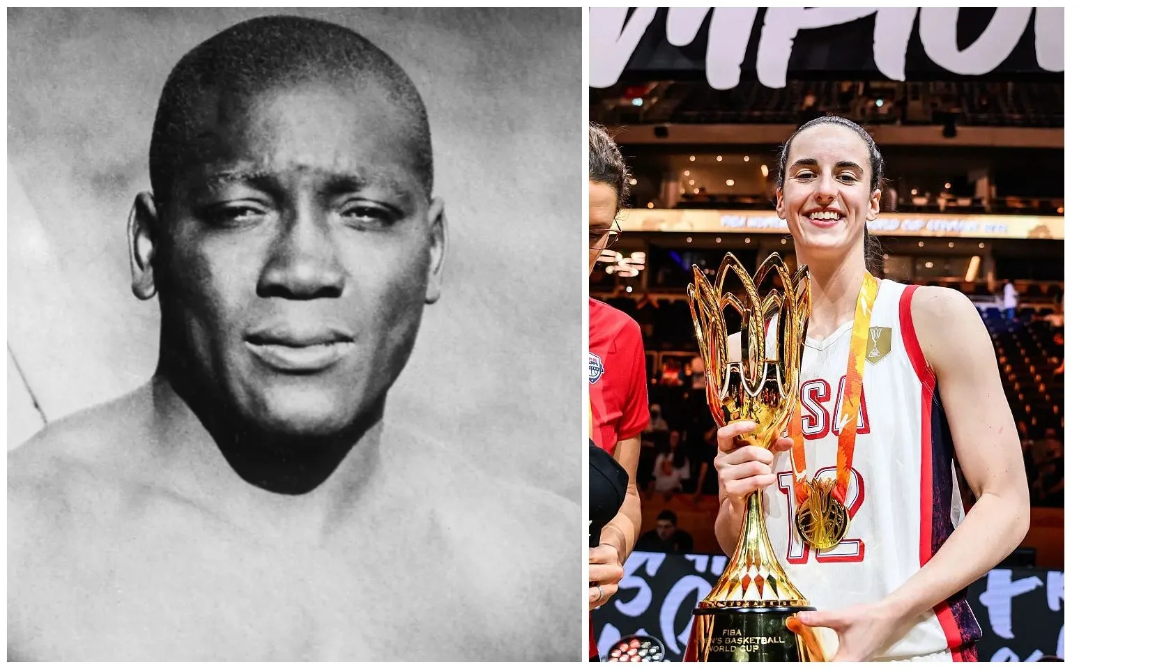 Side-by-side collage: left shows black and white portrait of man; right shows female athlete in USA basketball jersey holding gold championship trophy at arena.